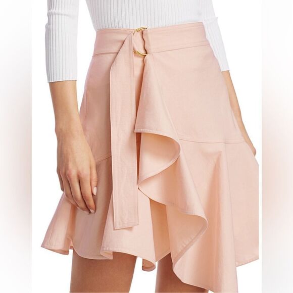 NEW ALC Amalie Linen-Denim Mini Wrap Skirt in Buttercup Pale Pink Size 0 - Picture 2 of 13